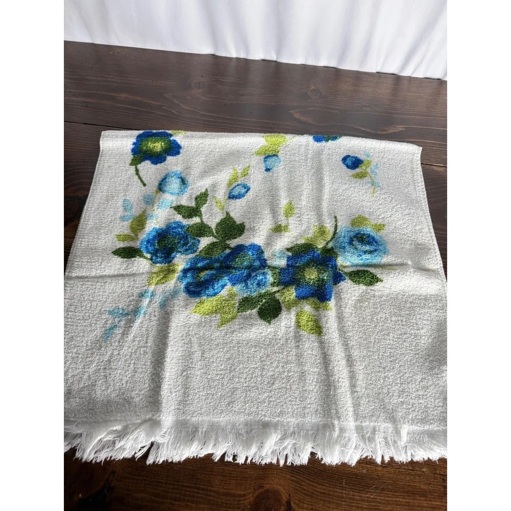 Vintage Blue Rose Floral Cotton Hand Towel Fringe Made in USA 22x41